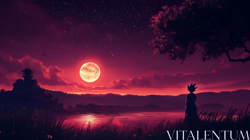 Crimson moonrise watcher beside a silent anime shoreline.