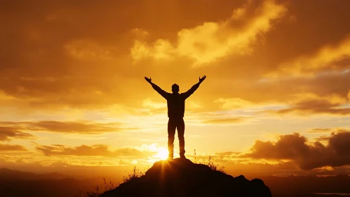 Sunlit mountaintop moment of joy and quiet celebration.