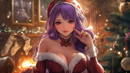 Enchanting purple-haired Santa muse in glowing hearthlight.