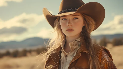 Sunlit cowgirl gazes across open prairie landscape thoughtfully.
