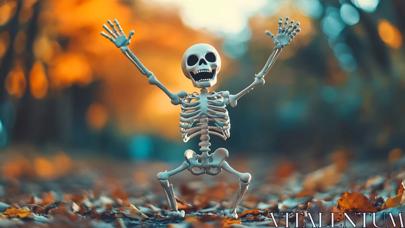 Playful little skeleton dancing through cozy autumn magic.