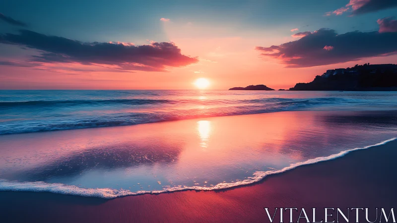 Sunlit surf mirroring a vivid pastel coastal sunset glow.