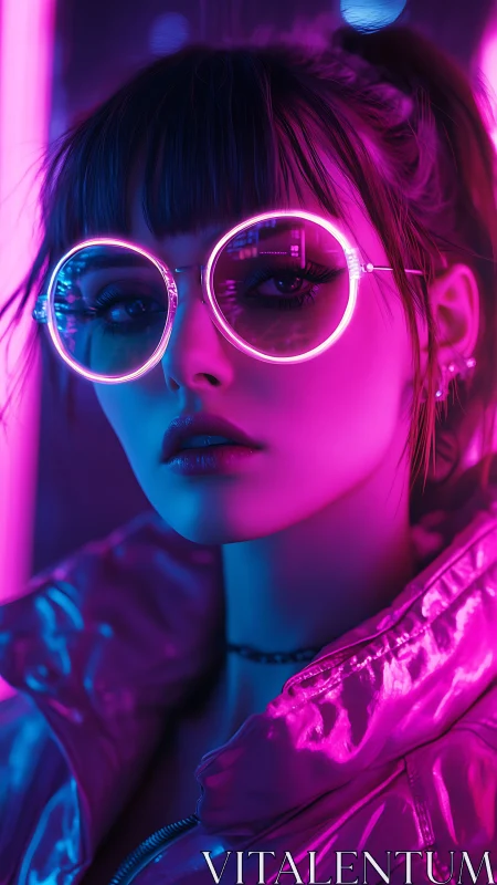 Neon-lit portrait with circular luminescent eyewear and chromatic jacket.