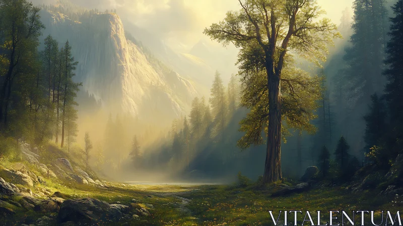 Valley landscape with light rays, mountains, and tall trees.