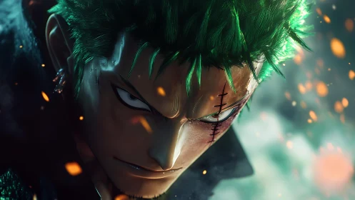 Cinematic close-up of green-haired anime swordsman with scarred gaze