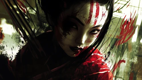 Blood-streaked warrior portrait in dynamic digital chiaroscuro.