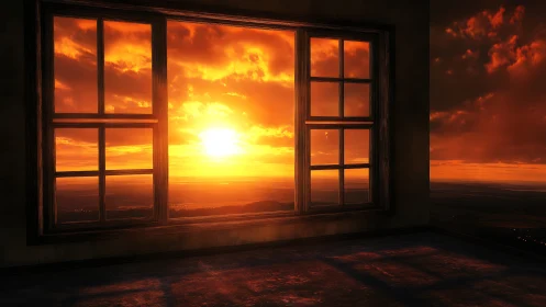 Sunset-lit empty room with dual grid windows facing horizon