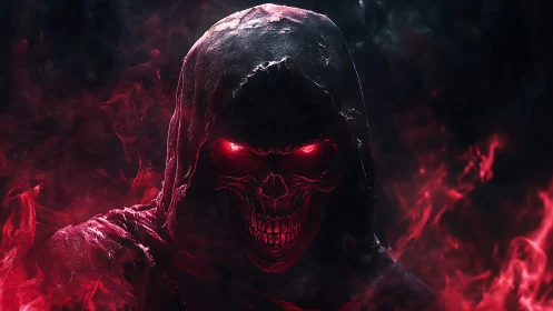 Hooded crimson reaper emerging from swirling inferno smoke.