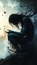 Silhouetted figure of organic debris forms seated on rocky ground