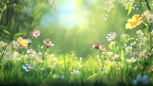 Sunlit meadow depth of field highlights layered wildflower foreground
