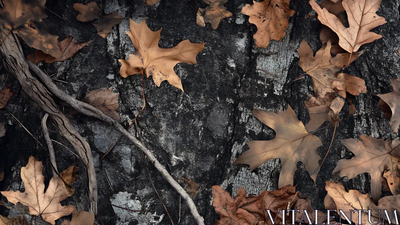 Dry oak leaves scatter across dark bark forest floor.