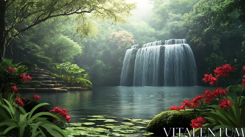 Lush digital waterfall garden with red flowers and lilies.