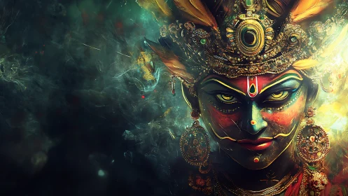 Vivid divine portrait glowing with color and fierce grace.