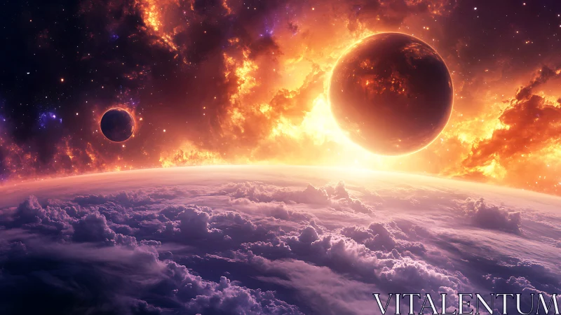 Crimson twin planets ignite a storm-lit cosmic horizon.