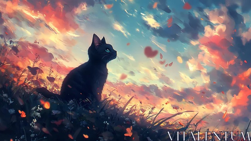 Black cat among blazing flowers at sunset.