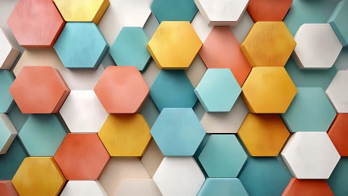 Hexagonal 3D wall pattern in pastel and warm solid colors.