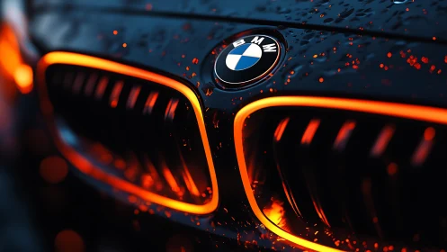 BMW front grille macro with neon orange rim lighting detail.