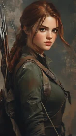 Fiery haired archer stands poised in a muted battle haze