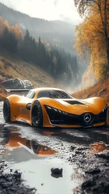Orange Mercedes concept car on wet mountain road in autumn.