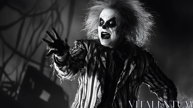 Monochrome horror character lunges forward in tattered stripes