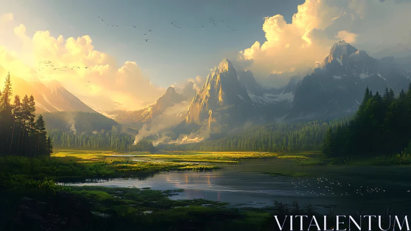 Sunlit valley lake cradled by distant dreaming peaks.