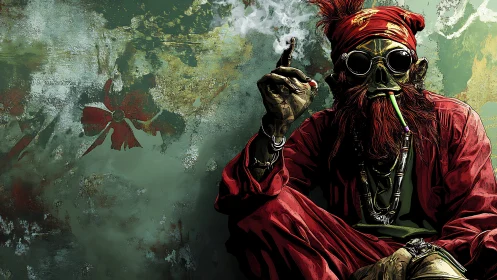 Psychedelic street mystic in gas mask and chromatic smog.