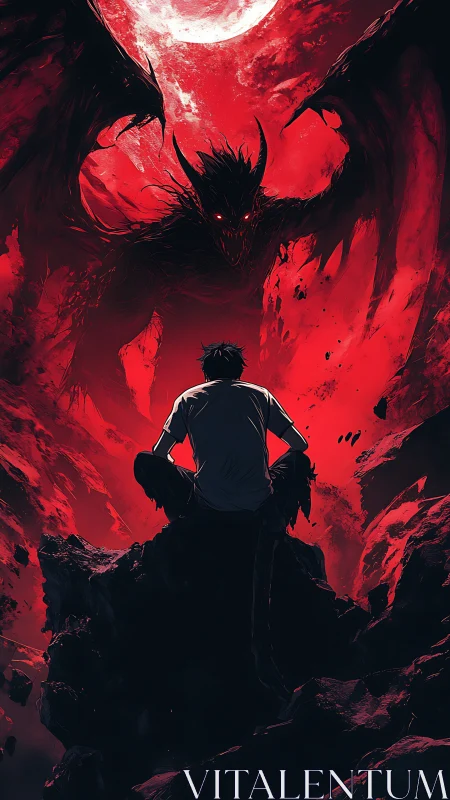 Man confronts demonic winged creature under blood red moon