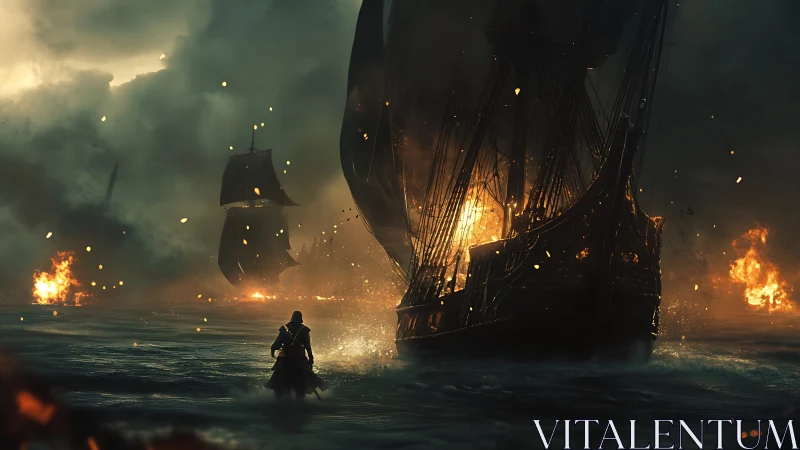 Maritime inferno with lone combatant amid burning warships.