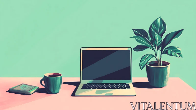 Laptop, mug, notebook and potted plant form a static layout