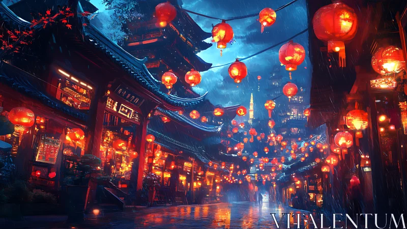 Night street with red lanterns in dense urban rain scene.