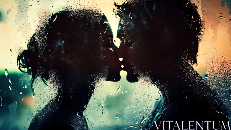 Silhouetted Couple Kissing Through Rain-Covered Glass.