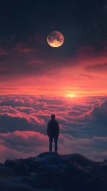 Solitary figure watches lunar dawn above glowing clouds.