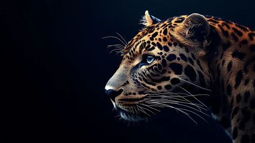 Profile view of leopard head against dark neutral background.