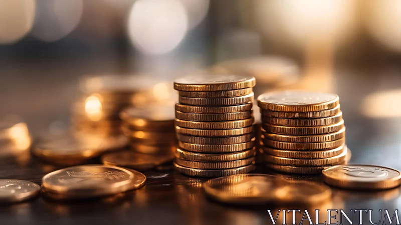 Stacked gold coins on reflective surface in soft focus.