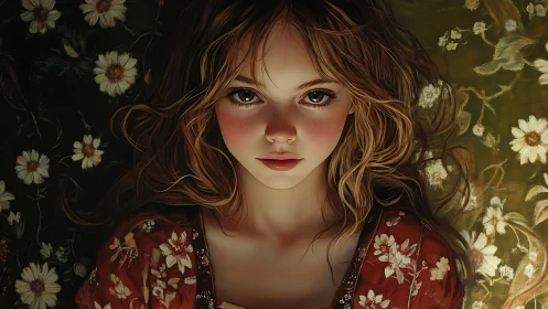 Floral portrait unveils ethereal girl in warm, painterly light.