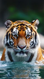 Tiger moves through rippling water with intense frontal gaze
