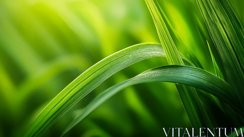 Sunlit green grass blades curve in a serene close-up scene.