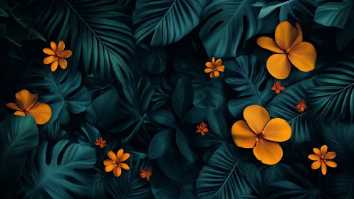Orange flowers against dark teal foliage composition.