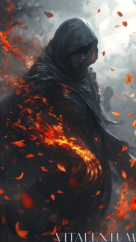 Hooded cloaked figure amid swirling fire and embers.