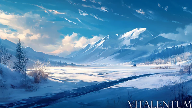 Snowy mountain valley glows under a wide winter sky.