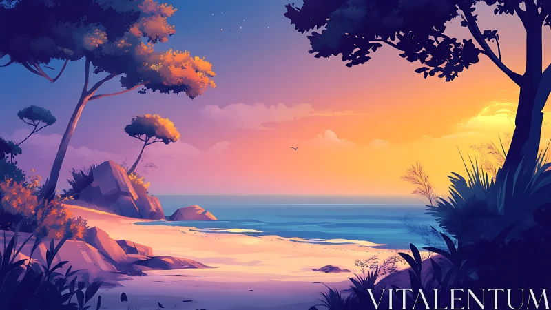 Tropical Sunset Beach with Silhouetted Trees and Rocks.
