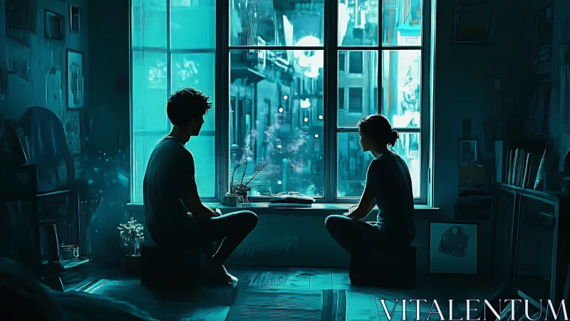 Neon Urban Silhouettes: Two Figures Contemplating Cyberpunk Cityscape.