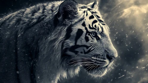 Lateral profile of monochrome tiger under particulate storm.