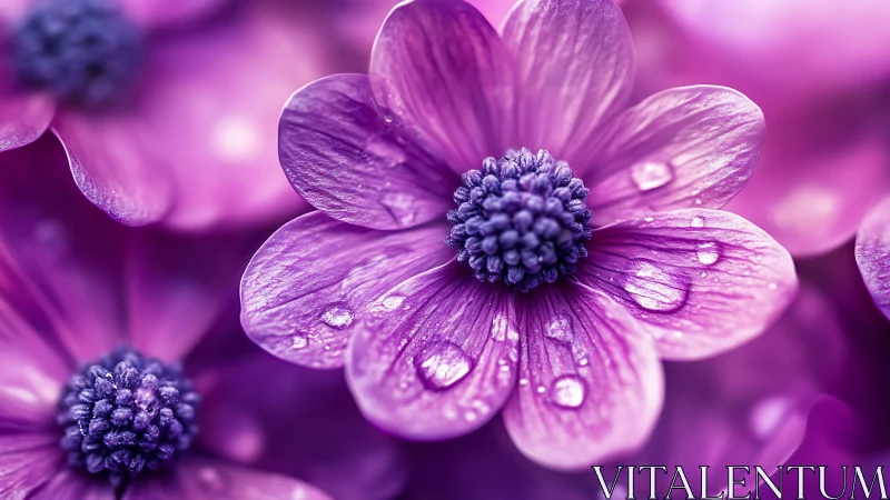 Purple flowers with water droplets in soft focus field