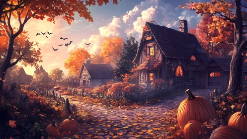 Twilight pumpkins and a storybook cottage in autumn glow.