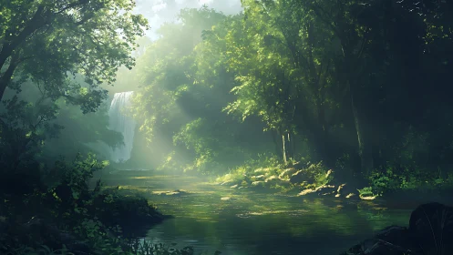 Forest waterfall landscape with river and dense canopy.
