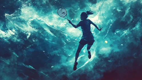 Silhouette tennis player jumps toward ball in abstract light