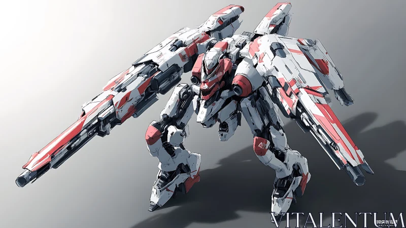 Winged battle mech stands ready with bold red armor