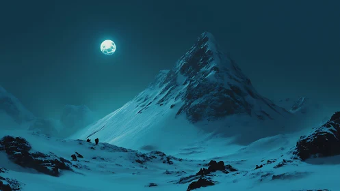 Luminous moon above icy peak in teal night silence.