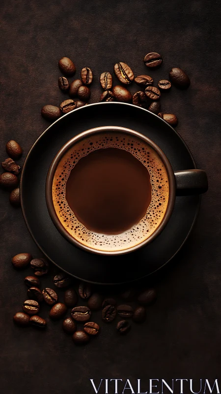 Coffee cup filled with dark espresso sits among beans